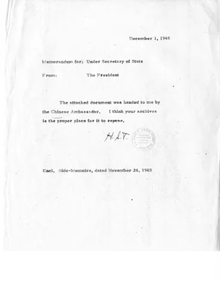 Memorandum from President Harry S. Truman to the Under Secretary of State