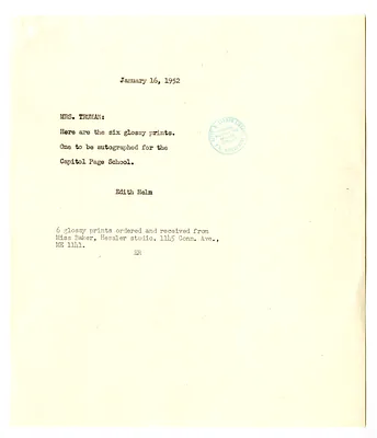 Note from Edith Helm to Bess W. Truman