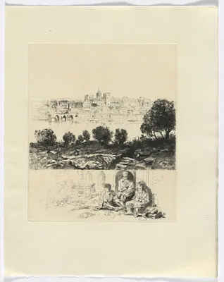 Frédéric Mistral: Mémoires et Recits by Frédéric Mistral: landscape with river and city view/ three figures (insert after p. 72)