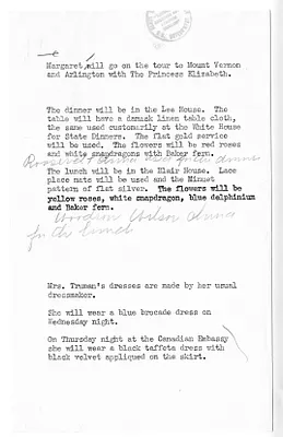 Memorandum Regarding Events Associated with the Visit of Princess Elizabeth