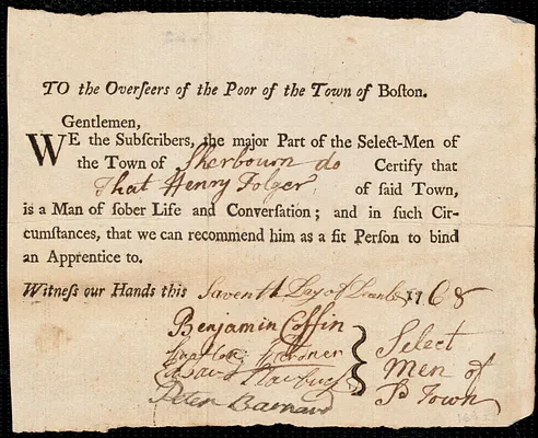 Mary Dumphy indentured to apprentice with Henry Folger of Sherburn [Nantucket]., 24 November 1768