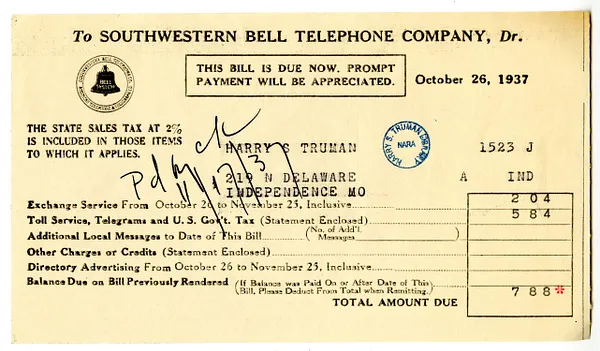 Bill from Southwestern Bell Telephone Company to Harry S. Truman