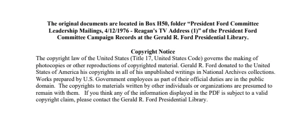 President Ford Committee Leadership Mailings, 4/12/76 - Reagan's TV Address (1)