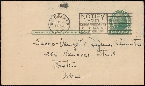 Dauber & Pine Bookshops, Inc. autograph postcard to Sacco-Vanzetti Defense Committee, December 17, 1929