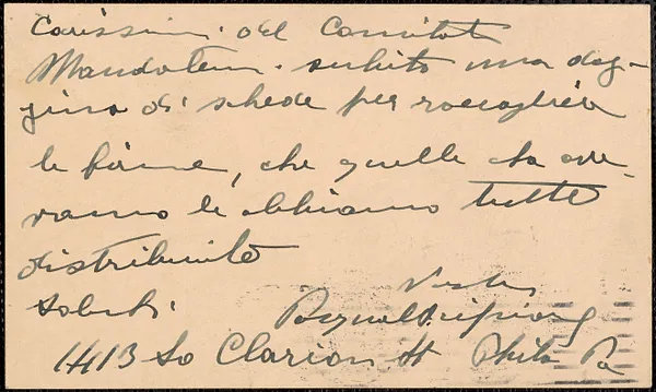 [Pasquale Scipone?] autograph note (postcard), in Italian, to Sacco-Vanzetti Defense Committee, Philadelphia, Pa., April 29, 1927