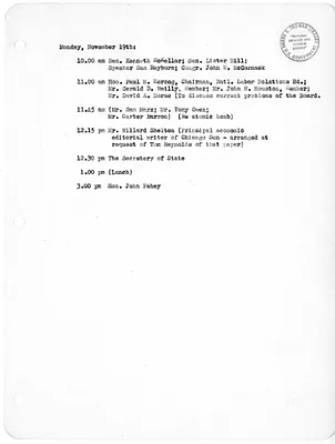 Daily Appointment Sheet for President Harry S. Truman