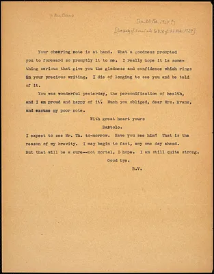 Typed note (copy) to Bartolomeo Vanzetti, [Charlestown, 22 February 1927?]