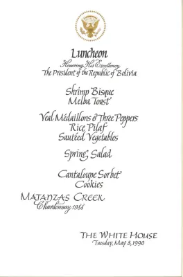Cards-Menus, Luncheon, Honoring His Excellency The President of the Republic of Bolivia, The White House, May 8, 1990