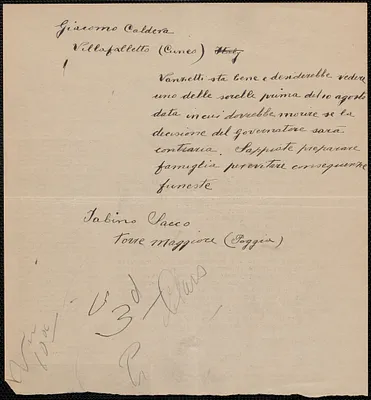 Sabino Sacco autograph note signed, in Italian, to Giacomo Caldera, Torre Maggiore (Foggia), Italy, [1927?]
