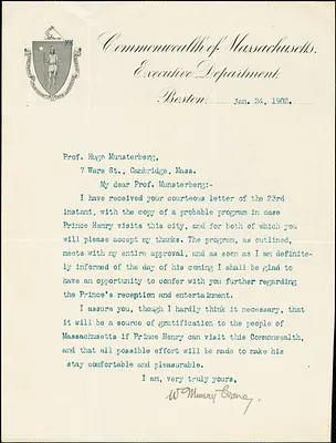 Crane, Winthrop Murray, 1853-1920 typed letter signed to Hugo Münsterberg, Boston, 24 January 1902
