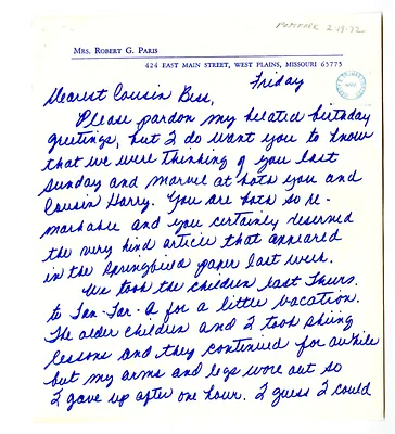 Letter from Bess (Mrs. Robert) Paris to Bess W. Truman