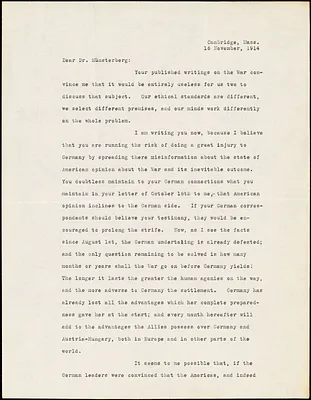 Eliot, Charles William, 1834-1926 typed letter signed to Hugo Münsterberg, Cambridge, Mass., 16 November 1914