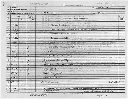 President's Daily Diary Entry, July 30, 1965
