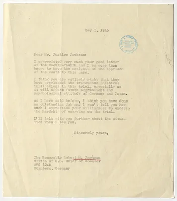 Letter from President Harry S. Truman to Justice Robert H. Jackson