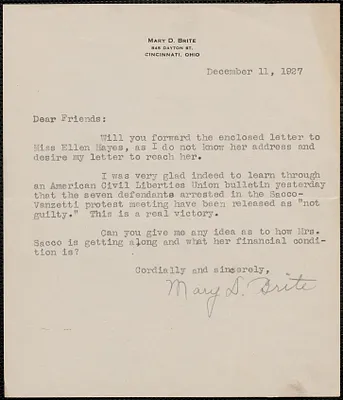 Mary D. Brite typed letter signed to Sacco-Vanzetti Defense Committee, Cincinnati, Ohio, December 11, 1927