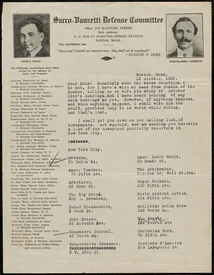 Sacco-Vanzetti Defense Committee typed letter to Lola [Moore?], Boston, Mass., October 12, 1923