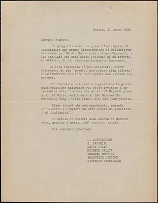 L. Quattrocchi et al typed letter, in Italian, to [Sacco-Vanzetti Defense Committee], Boston, Mass., March 21, 1923