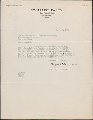 August Claessens (Socialist Party) typed note signed to Sacco-Vanzetti Defense Committee, New York, N.Y., May 19, 1927