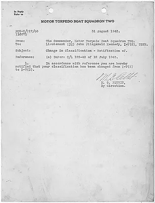 Notification of Change in Classification for John F. Kennedy August 31, 1943