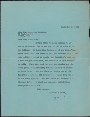 Roger N. Baldwin typed letter signed (copy) to Mary C. Crawford [New York, N. Y], September 2, 1926