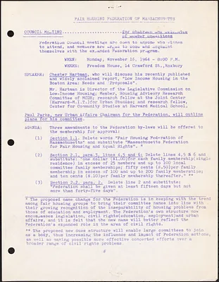 Fair Housing Federation of Massachusetts Council Meeting agenda for November 16th, Policy Positions of the Federation on October 23, 1964, and Minutes of the Executive Board Meeting on October 15, 1964