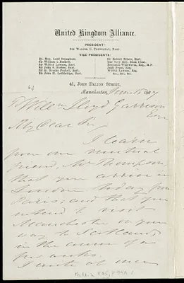 Letter from Barker, Thomas Holliday Barker, United Kingdom Alliance, 41 John Dalton Street, Manchester, [England], to William Lloyd Garrison, June 15, 1867