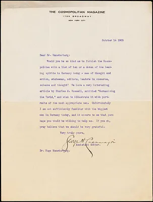 Casamajor, George H., fl.1905 typed letter signed to Hugo Münsterberg, New York, 14 October 1905