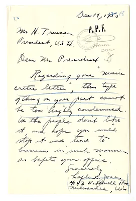 Letter from Laflin C. Jones to President Harry S. Truman