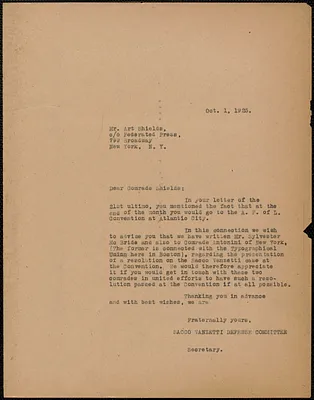 Sacco-Vanzetti Defense Committee typed letter (copy) to Art Shields (The Federated Press), Boston, Mass., October 1, 1925