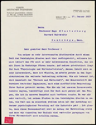 Matschoss, Conrad, 1871- typed letter signed to Hugo Münsterberg, Berlin, 17 January 1913