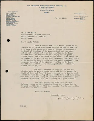 Elizabeth Gurley Flynn (The American Fund for Public Service, Inc.) typed letter signed to Amleto Fabbri, New York, N.Y., July 8, 1926