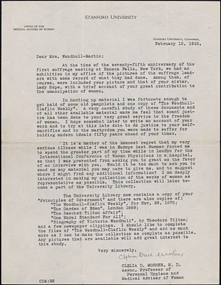 Clelia Duel Mosher typed letter signed to [Victoria Woodhull Martin], Palo Alto, February 12, 1925