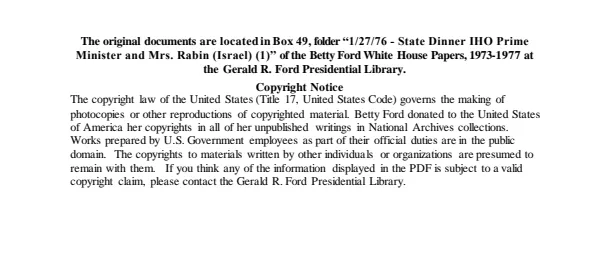 1/27/76 - State Dinner for Prime Minister and Mrs. Rabin (Israel ) (1)
