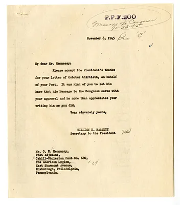 Letter from O. E. Hennessy to President Harry S. Truman with a Reply from William D. Hassett