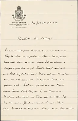 Rubner, Max, 1854-1932 autograph letter signed to Hugo Münsterberg, New York, 20 October 1912