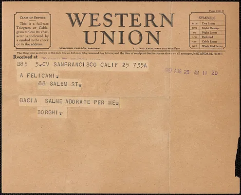 Armando Borghi telegram, in Italian, to Aldino Felicani, San Francisco, Calif, August 25, 1927