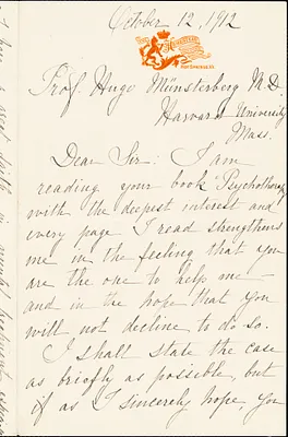 Armellini, Mrs. Louise, fl.1912. autograph letter signed to Hugo Münsterberg, Hot Springs, Va., 12 October 1912