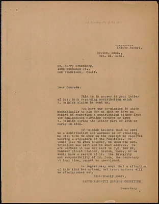 Amleto Fabbri (Sacco-Vanzetti Defense Committee) typed letter (copy) to Harry Greenberg (Retail Cleaners & Dyers Mutual Protective Association), Boston, Mass., October 31, 1925