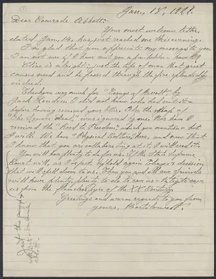 Sacco-Vanzetti Case Records, 1920-1928. Correspondence. Bartolomeo Vanzetti to Leonard Abbott, January 18, 1927. Box 39, Folder 8, Harvard Law School Library, Historical & Special Collections