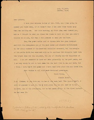 Nicola Sacco typed letter (copy) to [Leonard D.] Abbott, Dedham, 24 October 1926