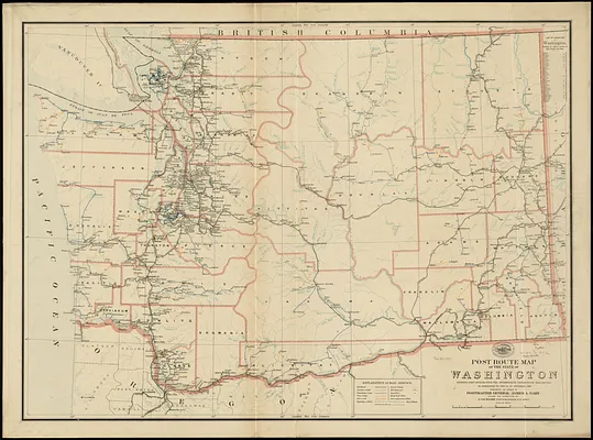 Post route map of the state of Washington showing post offices with the intermediate distances on mail routes in operation on the 1st. of September, 1897
