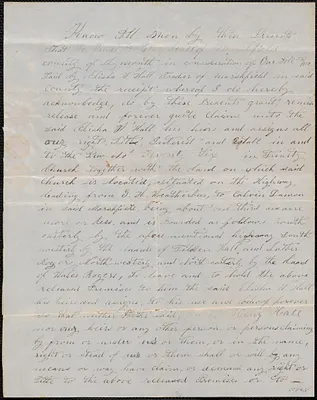 Deed of pew conveyance from pew owners Henry Hall, James Hall, and Dorcas Hall to Elisha W. Hall