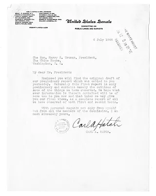 Letter from Senator Carl Hatch to President Harry S. Truman with Attachment