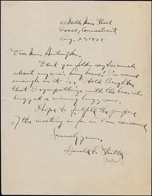 Harold F. Bratton autograph note signed to [Catharine?] Huntington, Essex, Conn., August 20, 1928
