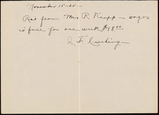 Receipt from J. F. Cushing for Mrs. R. Knapp, November 15, 32