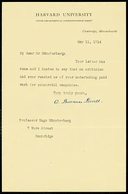 Lowell, A. Lawrence (Abbott Lawrence), 1856-1943 typed note signed to Hugo Münsterberg, Cambridge, Mass., 11 May 1914
