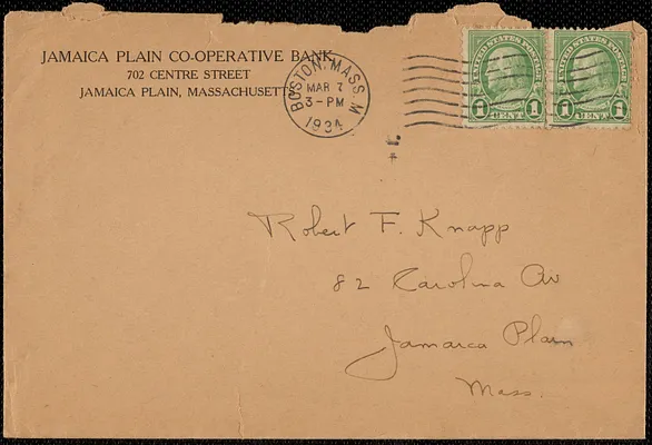 Envelope addressed to Mr. Robert F. Knapp, 82 Carolina Av, Jamaica Plain Mass, from Jamaica Plain Co-Operative Bank, 702 Centre Street, Jamaica Plain, Massachusetts