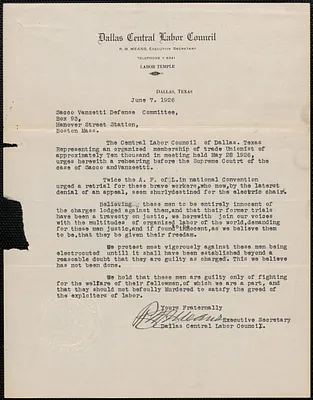 R. M. Means (Dallas Central Labor Council) typed letter signed to Sacco-Vanzetti Defense Committee, Dallas, Tex., June 7, 1926