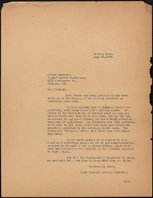 Sacco-Vanzetti Defense Committee typed letter (copy) to Albert Wechsler (Sacco-Vanzetti Conference, Chicago), Boston, Mass., June 25, 1927