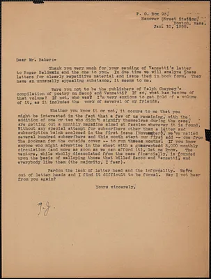 Gardner Jackson (initials) typed letter to [Jacob] Baker (Vanguard Press, Inc.), Boston, Mass., January 10, 1928
